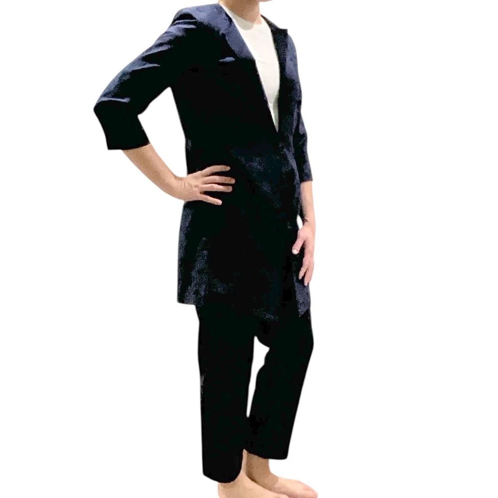 Talbots Petites Navy Blue Brocade Jacquard Collarless Long Jacket Coat Pant Suit - Picture 5 of 10